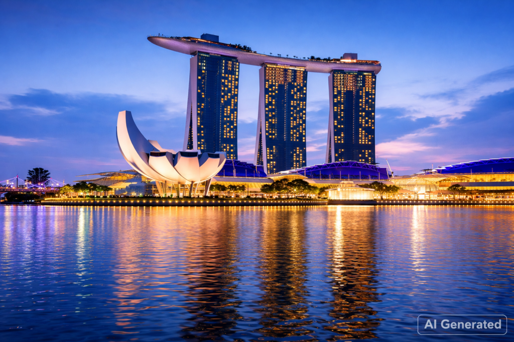 Singapore Marina Bay Sands Singapore skyline with infinity pool and city lights - places to visit in Singapore for travelers and tourists