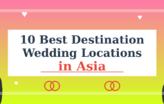 Elegant featured image showing "10 Best Destination Wedding Locations in Asia" title with tropical sunset gradient background, palm tree silhouettes, and wedding ring decorative elements