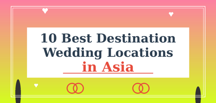 Elegant featured image showing "10 Best Destination Wedding Locations in Asia" title with tropical sunset gradient background, palm tree silhouettes, and wedding ring decorative elements