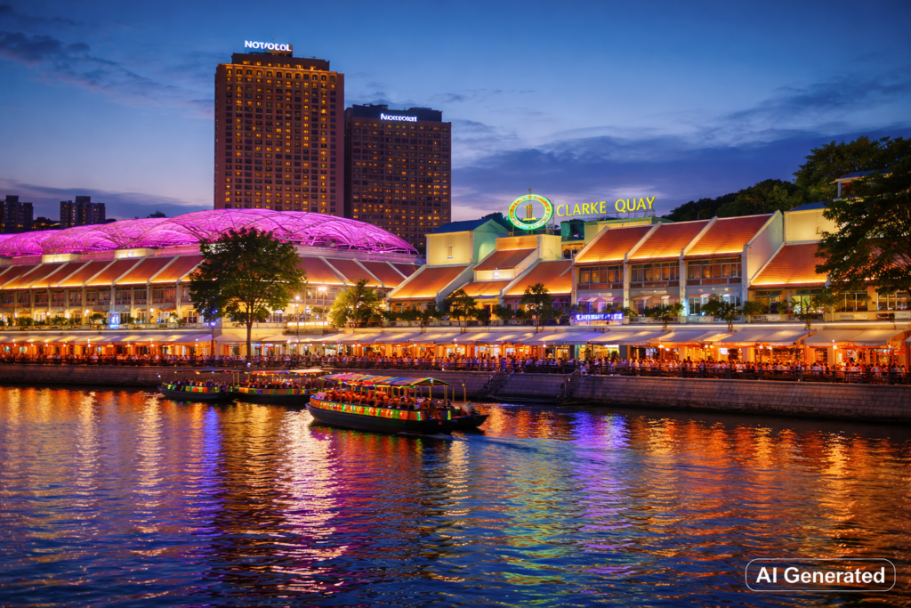 Visit in singapore: Clarke Quay riverside nightlife colorful buildings Singapore