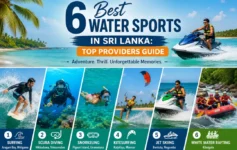 Tourists enjoying exciting water sports in Sri Lanka, including jet skiing, surfing, and banana boat rides on the tropical coastline.