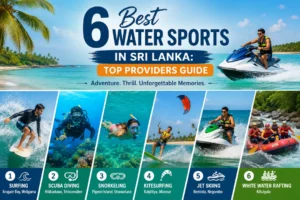 Tourists enjoying exciting water sports in Sri Lanka, including jet skiing, surfing, and banana boat rides on the tropical coastline.
