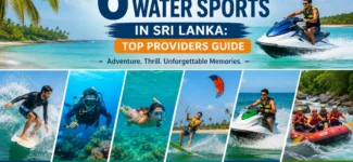 Tourists enjoying exciting water sports in Sri Lanka, including jet skiing, surfing, and banana boat rides on the tropical coastline.