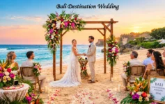 Bali destination wedding venues with a floral wedding arch, bride and groom, ocean view, and seated