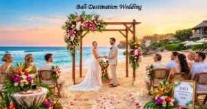 Bali destination wedding venues with a floral wedding arch, bride and groom, ocean view, and seated