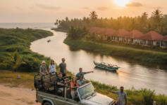 A group of tourists in a safari jeep overlooking a river and tropical resort in Bentota, Sri Lanka, during a guided tour.