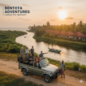 Tour Operators in Bentota - A group of tourists in a safari jeep overlooking a river and tropical resort in Bentota, Sri Lanka, during a guided tour.