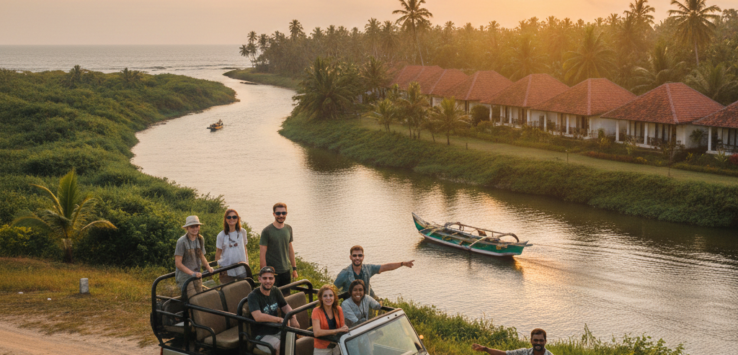 A group of tourists in a safari jeep overlooking a river and tropical resort in Bentota, Sri Lanka, during a guided tour.
