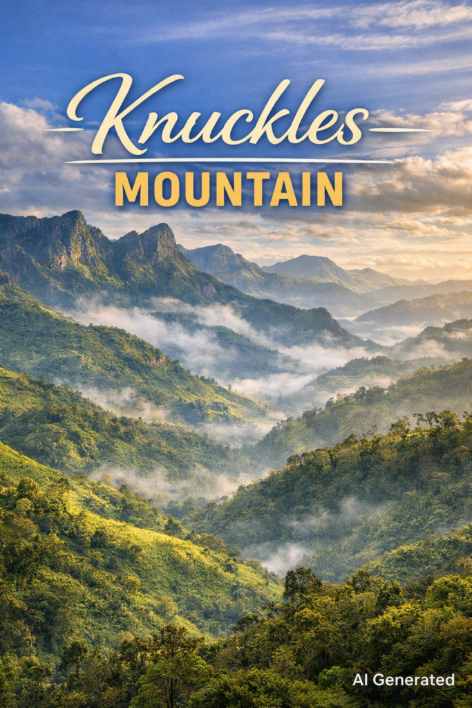 Mist-covered peaks of Sri Lanka’s Knuckles Mountain Range with lush green valleys and rugged ridges under golden morning light