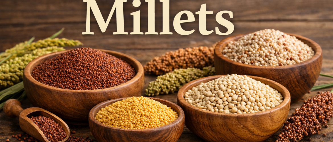 Assorted millets including ragi, foxtail millet, pearl millet, and sorghum displayed in wooden bowls with “Ultimate Guide to Millets”