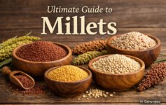 Assorted millets including ragi, foxtail millet, pearl millet, and sorghum displayed in wooden bowls with “Ultimate Guide to Millets”