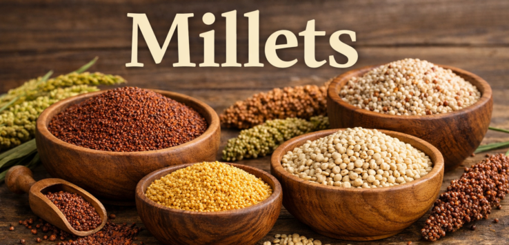 Assorted millets including ragi, foxtail millet, pearl millet, and sorghum displayed in wooden bowls with “Ultimate Guide to Millets”