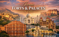 Iconic forts and palaces of India featuring Taj Mahal, Amer Fort, Hawa Mahal, and Mysore Palace at sunset