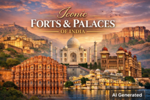 Iconic forts and palaces of India featuring Taj Mahal, Amer Fort, Hawa Mahal, and Mysore Palace at sunset