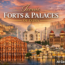 Iconic forts and palaces of India featuring Taj Mahal, Amer Fort, Hawa Mahal, and Mysore Palace at sunset