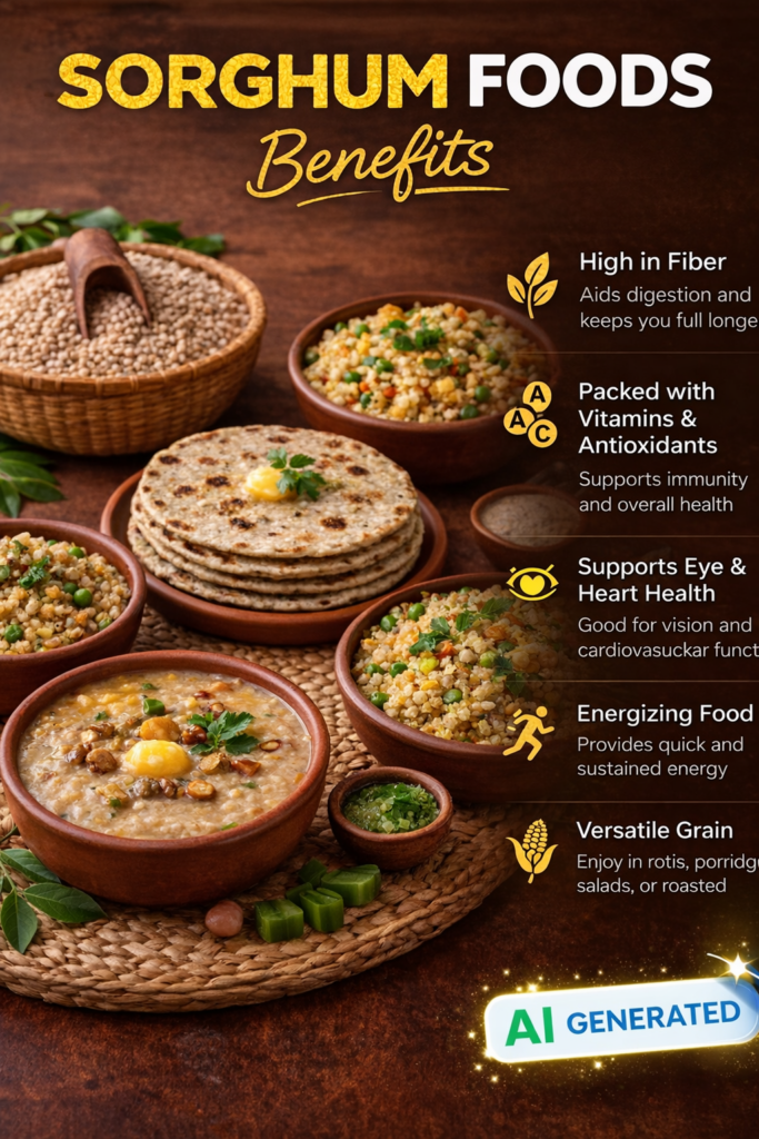 Sorghum (jowar) grains and traditional food dish showing a healthy gluten-free millet rich in fiber and nutrients