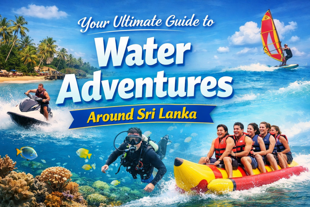 Water sports activities in Sri Lanka including jet skiing, scuba diving, and banana boat ride