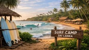 Surfers riding waves at a tropical surf camp in Sri Lanka with palm trees, beach huts, and surfboards during golden hour