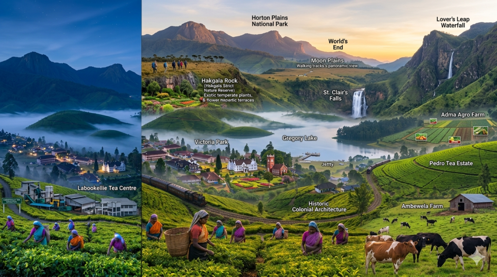 A composite panorama of Nuwara Eliya, Sri Lanka, showing various landscapes from tea fields to mountains and waterfalls. Annotated labels pinpoint key locations like Gregory Lake, Pedro Tea Estate, Horton Plains National Park, and Ambewela Farm under different times of day.