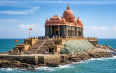 Vivekananda Rock Memorial in Kanyakumari surrounded by sea