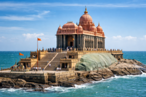 Vivekananda Rock Memorial in Kanyakumari surrounded by sea