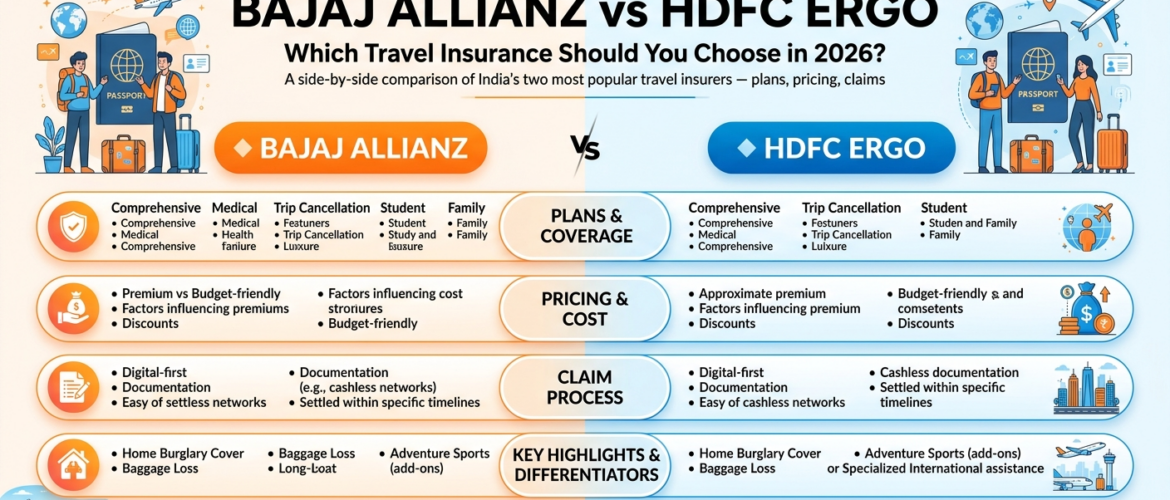Travel Insurance - A comprehensive side-by-side comparison infographic between Bajaj Allianz and HDFC ERGO travel insurance for 2026, highlighting plans, pricing, digital claim processes, and unique features like home burglary and adventure sports cover