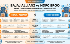 Travel Insurance - A comprehensive side-by-side comparison infographic between Bajaj Allianz and HDFC ERGO travel insurance for 2026, highlighting plans, pricing, digital claim processes, and unique features like home burglary and adventure sports cover