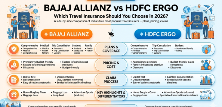 Travel Insurance - A comprehensive side-by-side comparison infographic between Bajaj Allianz and HDFC ERGO travel insurance for 2026, highlighting plans, pricing, digital claim processes, and unique features like home burglary and adventure sports cover