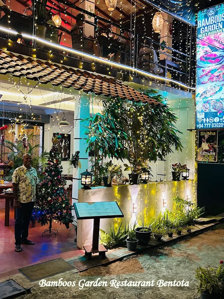 Bamboos Garden Restaurant Bentota, Sri Lanka, with festive lights and bamboo