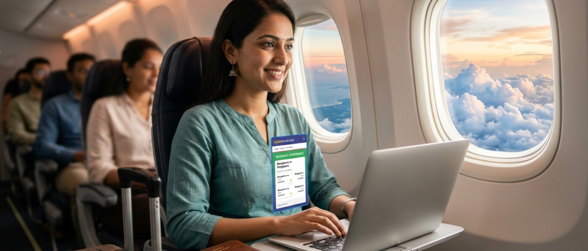 Flight Booking Tips: Happy Indian traveler booking cheap flight tickets on a laptop from Bengaluru to Singapore for 2026 trip.
