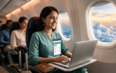 Flight Booking Tips: Happy Indian traveler booking cheap flight tickets on a laptop from Bengaluru to Singapore for 2026 trip.
