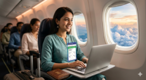 Flight Booking Tips: Happy Indian traveler booking cheap flight tickets on a laptop from Bengaluru to Singapore for 2026 trip.