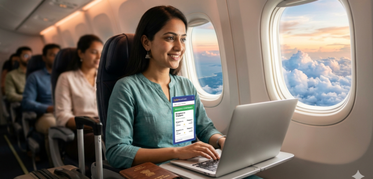 Flight Booking Tips: Happy Indian traveler booking cheap flight tickets on a laptop from Bengaluru to Singapore for 2026 trip.