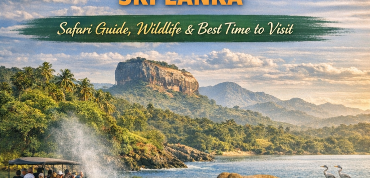 Safari jeep with tourists watching elephants in Hurulu Eco Park, Sri Lanka, with a leopard in a tree and Sigiriya rock in the background
