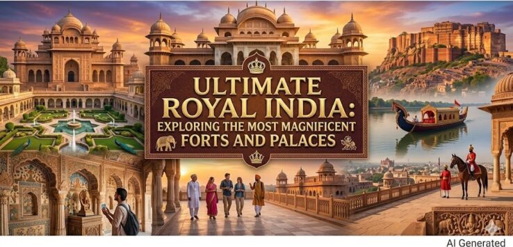 Collage of magnificent Indian forts and palaces including a grand sandstone palace, a royal boat on a lake, and tourists exploring historic archways.