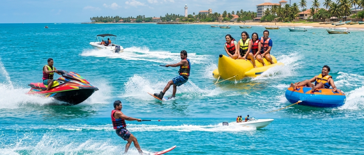 Jet ski, water skiing, wakeboarding, banana boat and tube ride on the calm waters of Negombo Lagoon, Sri Lanka