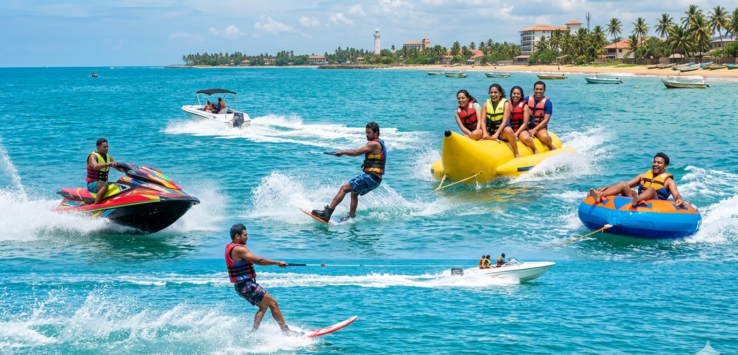 Jet ski, water skiing, wakeboarding, banana boat and tube ride on the calm waters of Negombo Lagoon, Sri Lanka
