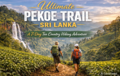 Two hikers walking through lush tea plantations on Sri Lanka’s Pekoe Trail with misty mountains and a waterfall in the background