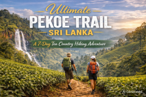 Two hikers walking through lush tea plantations on Sri Lanka’s Pekoe Trail with misty mountains and a waterfall in the background