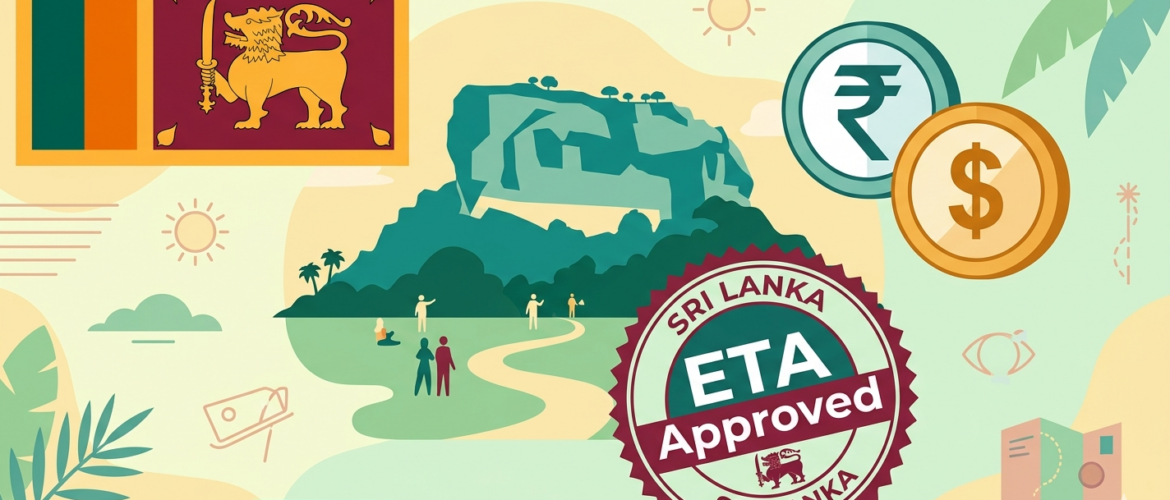 Sri Lanka Visa : A colorful vector illustration for a Sri Lanka travel guide, featuring the Sri Lankan flag, an image of the ancient rock fortress Sigiriya, a large official stamp labeled "ETA Approved Sri Lanka," and two coins: one with an Indian Rupee symbol (₹) and another with a US Dollar symbol ($).