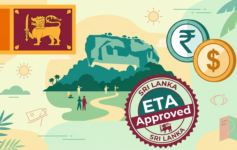 Sri Lanka Visa : A colorful vector illustration for a Sri Lanka travel guide, featuring the Sri Lankan flag, an image of the ancient rock fortress Sigiriya, a large official stamp labeled "ETA Approved Sri Lanka," and two coins: one with an Indian Rupee symbol (₹) and another with a US Dollar symbol ($).