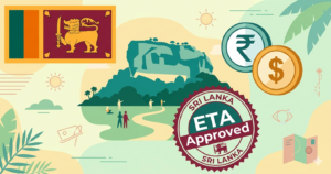 Sri Lanka Visa : A colorful vector illustration for a Sri Lanka travel guide, featuring the Sri Lankan flag, an image of the ancient rock fortress Sigiriya, a large official stamp labeled "ETA Approved Sri Lanka," and two coins: one with an Indian Rupee symbol (₹) and another with a US Dollar symbol ($).