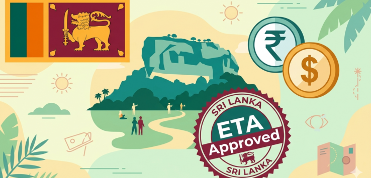 Sri Lanka Visa : A colorful vector illustration for a Sri Lanka travel guide, featuring the Sri Lankan flag, an image of the ancient rock fortress Sigiriya, a large official stamp labeled "ETA Approved Sri Lanka," and two coins: one with an Indian Rupee symbol (₹) and another with a US Dollar symbol ($).