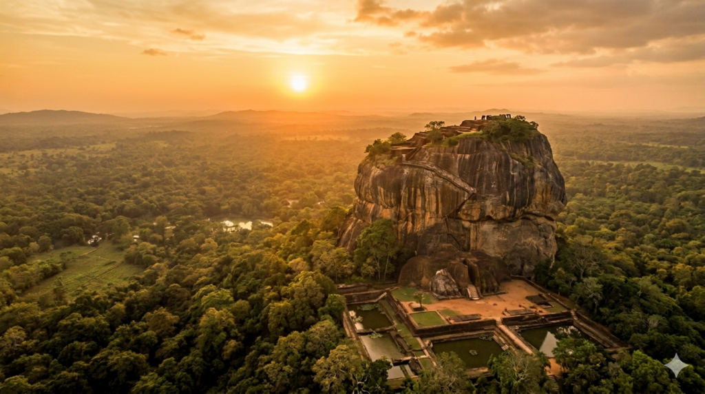 An enchanting aerial photograph of the Sigiriya Rock Fortress in Sri Lanka at sunset, showing the massive ancient citadel rising from a lush jungle landscape under a golden sky. This image serves as the feature for a guide on obtaining a Sri Lanka ETA visa for Indian tourists.