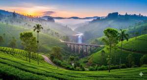 A panoramic view of a misty tea plantation in the Sri Lankan hill country, featuring rolling green hills, a cascading waterfall, and the iconic Nine Arches Bridge.