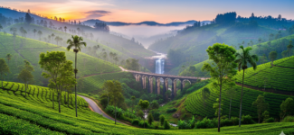 A panoramic view of a misty tea plantation in the Sri Lankan hill country, featuring rolling green hills, a cascading waterfall, and the iconic Nine Arches Bridge.