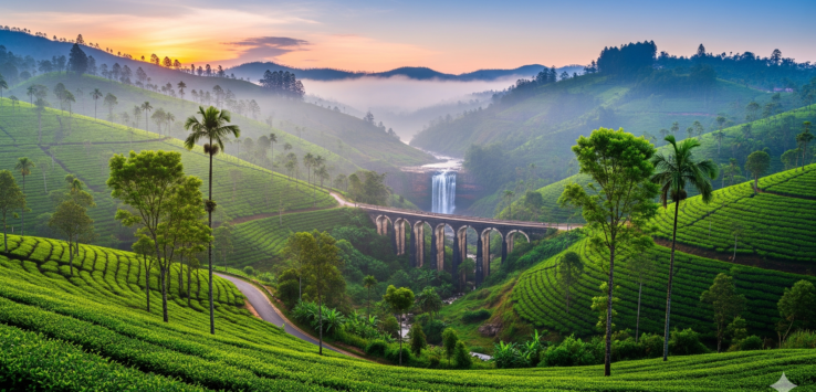 A panoramic view of a misty tea plantation in the Sri Lankan hill country, featuring rolling green hills, a cascading waterfall, and the iconic Nine Arches Bridge.