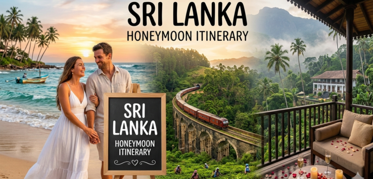 A collage featuring a couple on a Sri Lankan beach, the Nine Arch Bridge with a train, and a luxury balcony overlooking misty mountains.