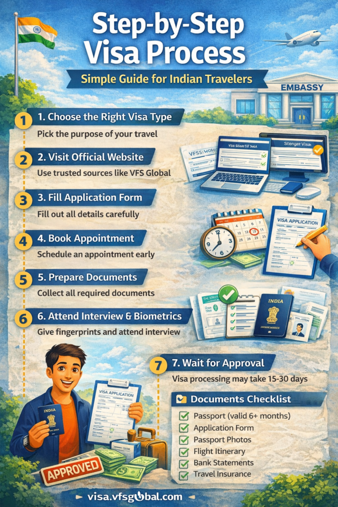 Infographic showing step by step visa process for Indian travelers including application steps documents checklist and approval timeline