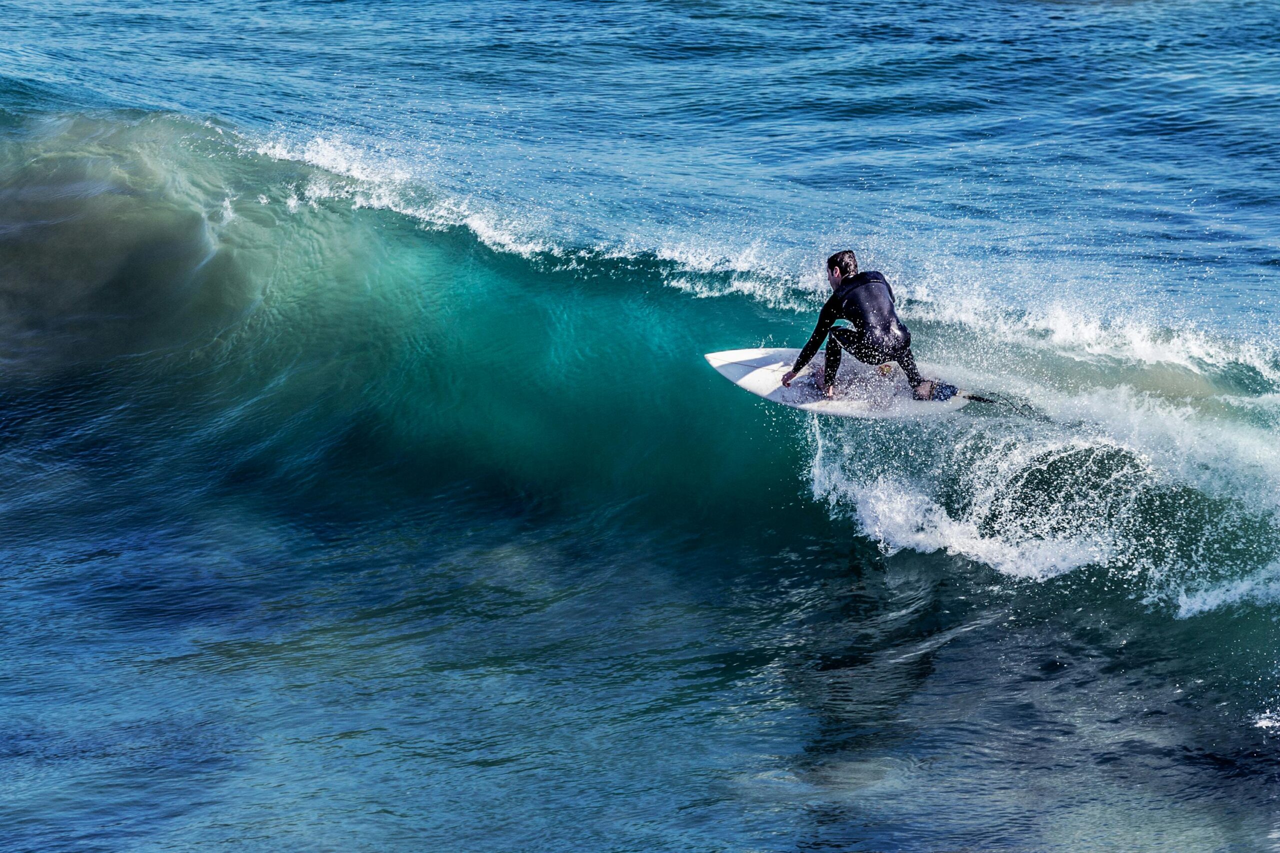 Surfer riding a wave at Weligama Bay, Sri Lanka during morning surf session
